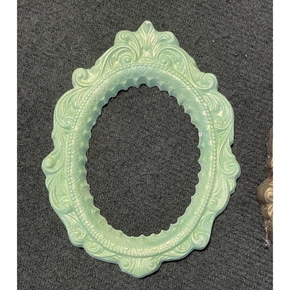 Two Small Vintage Plaster of Pairs Mint Green and Gold Frames 6.5x5”